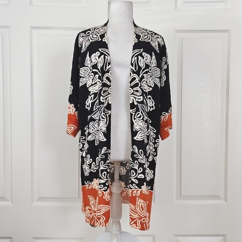 Chico's Black Floral Open-Front Cardigan with Rust Accent